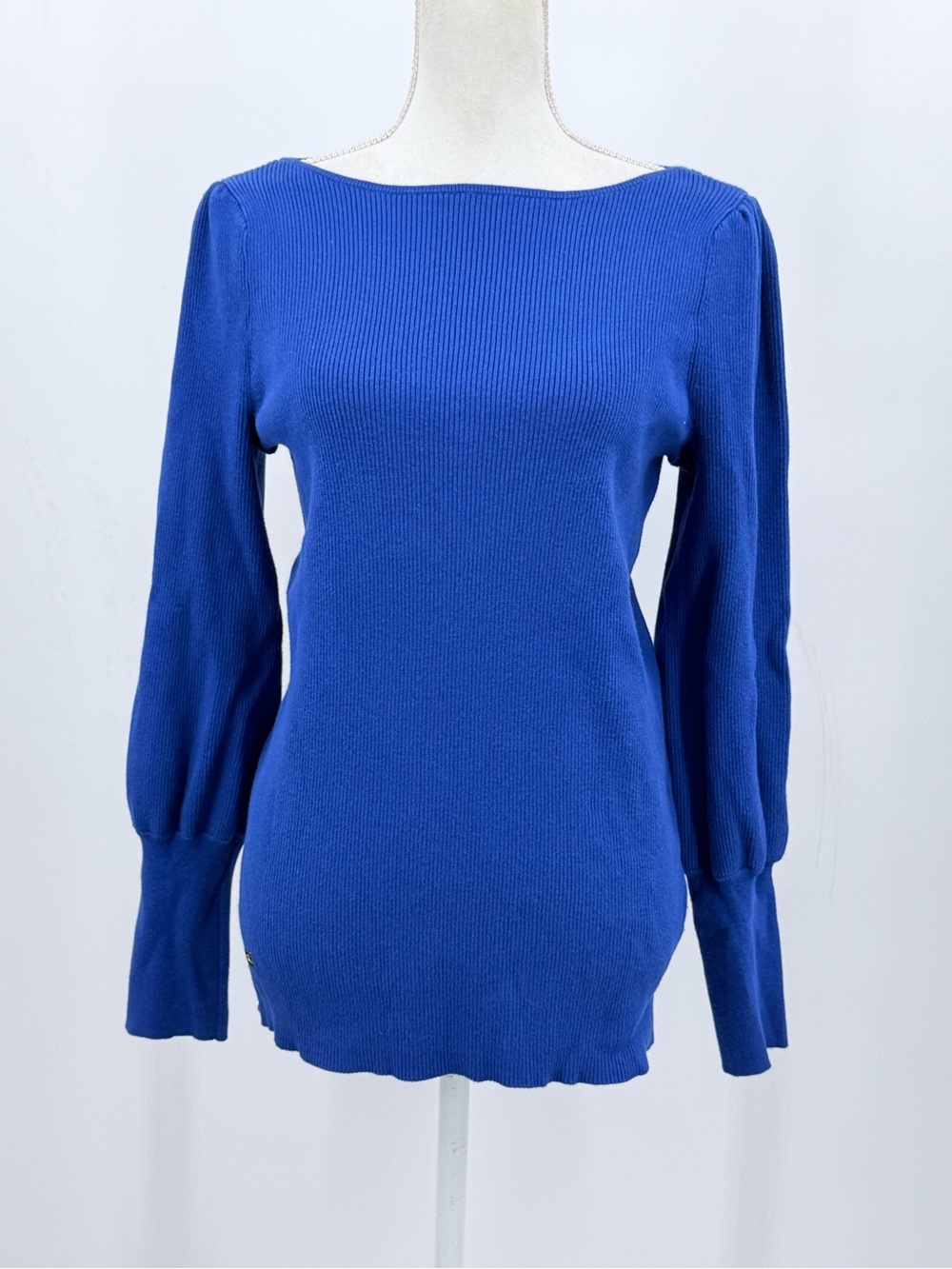 Lauren Ralph Lauren Royal Blue Ribbed Boatneck Sweater L Blouson Puff Sleeve